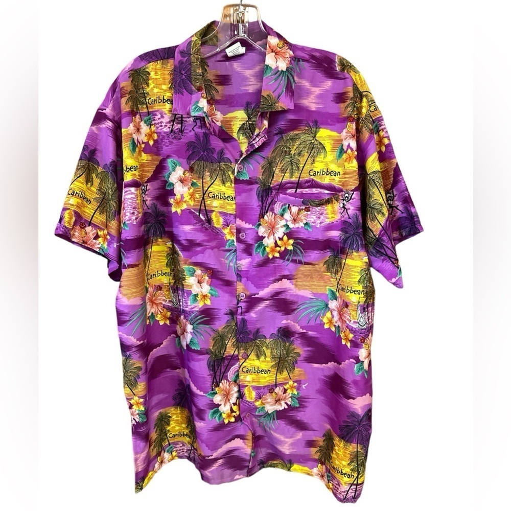 Rina Caribbean Terivoile Purple/Gold Floral Button down Shortsleeved Shirt L